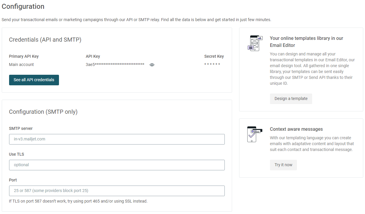 SMTP and API configuration page