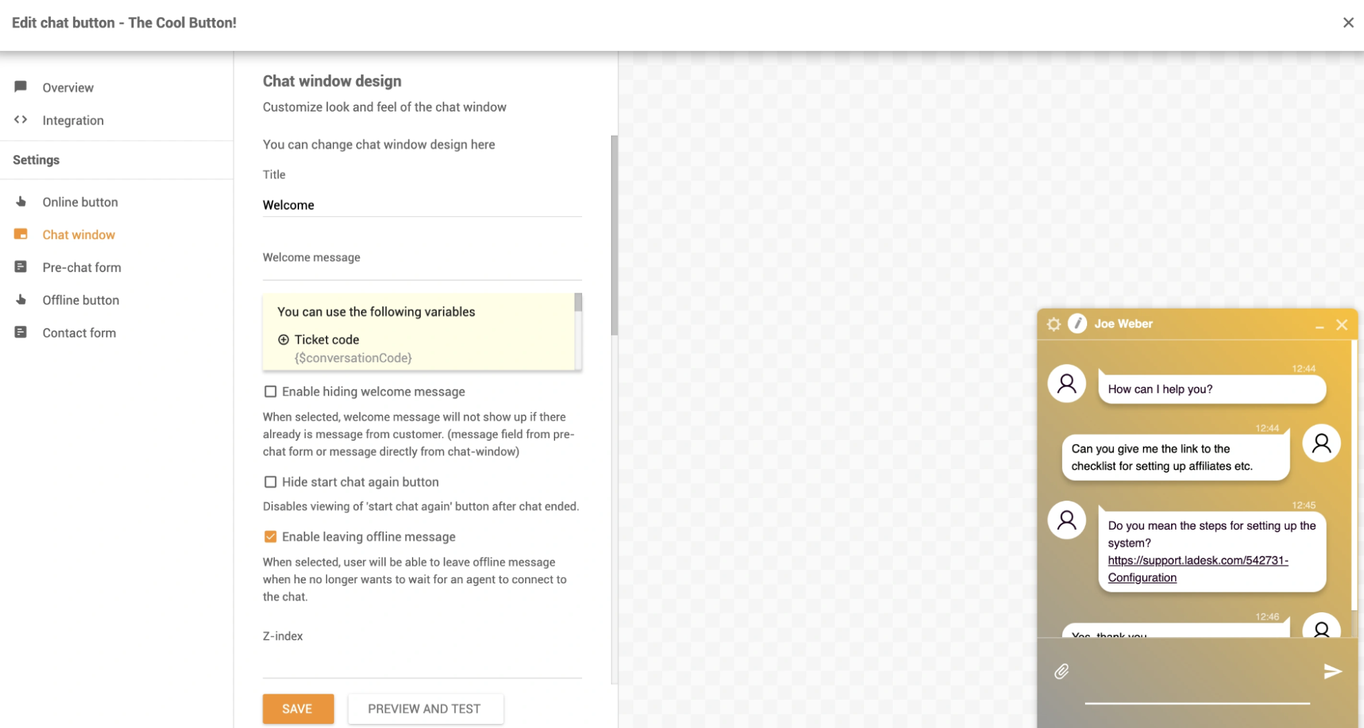 LiveAgent's chat window design and welcome message settings