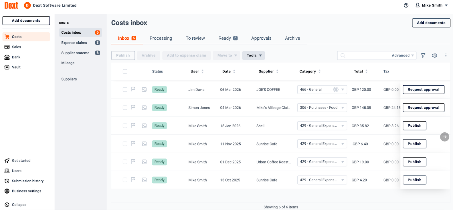 Dext's Costs inbox showing auto-extracted receipt data