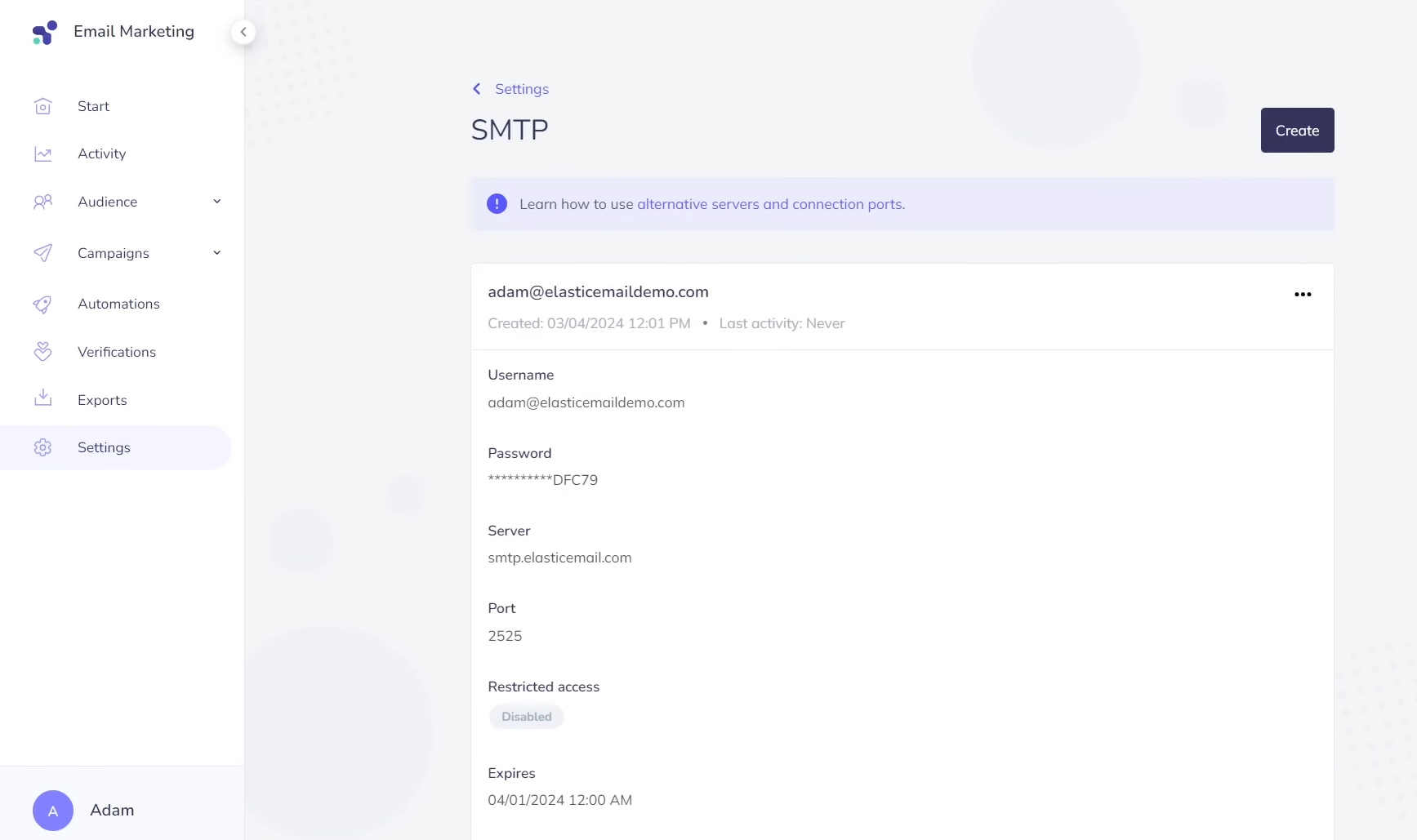 smtp server credentials, port configuration, and access controls