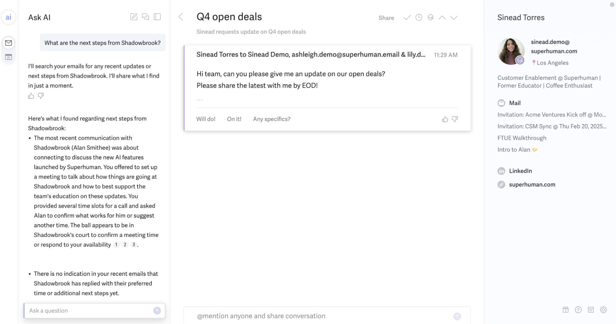 AI-powered Ask AI sidebar, email thread, and contact context card