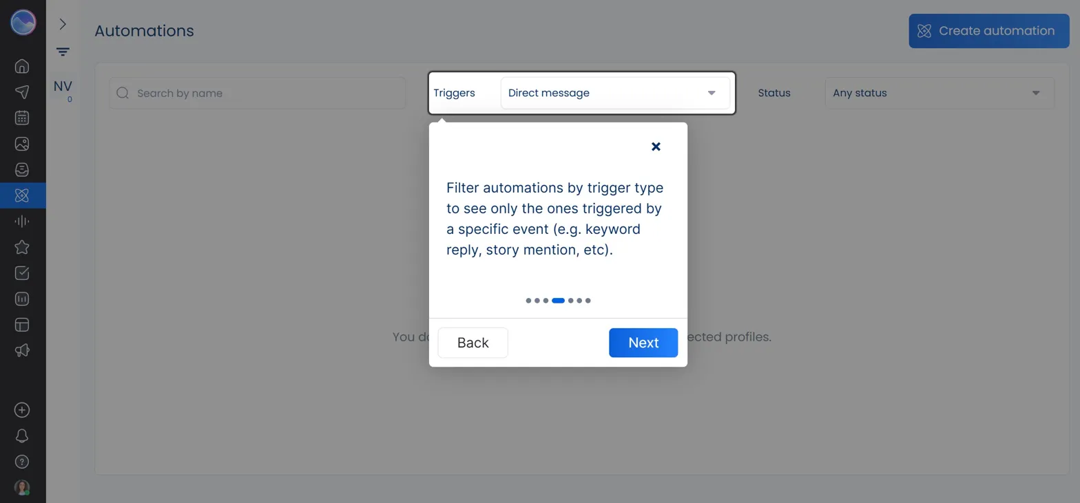 onboarding tooltip when getting started with Instagram DM automations