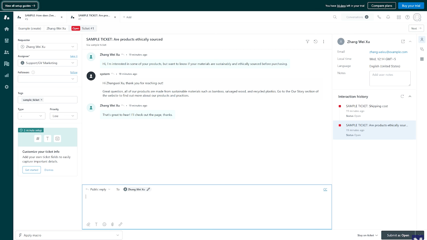 Zendesk's agent workspace showing a support ticket with customer context