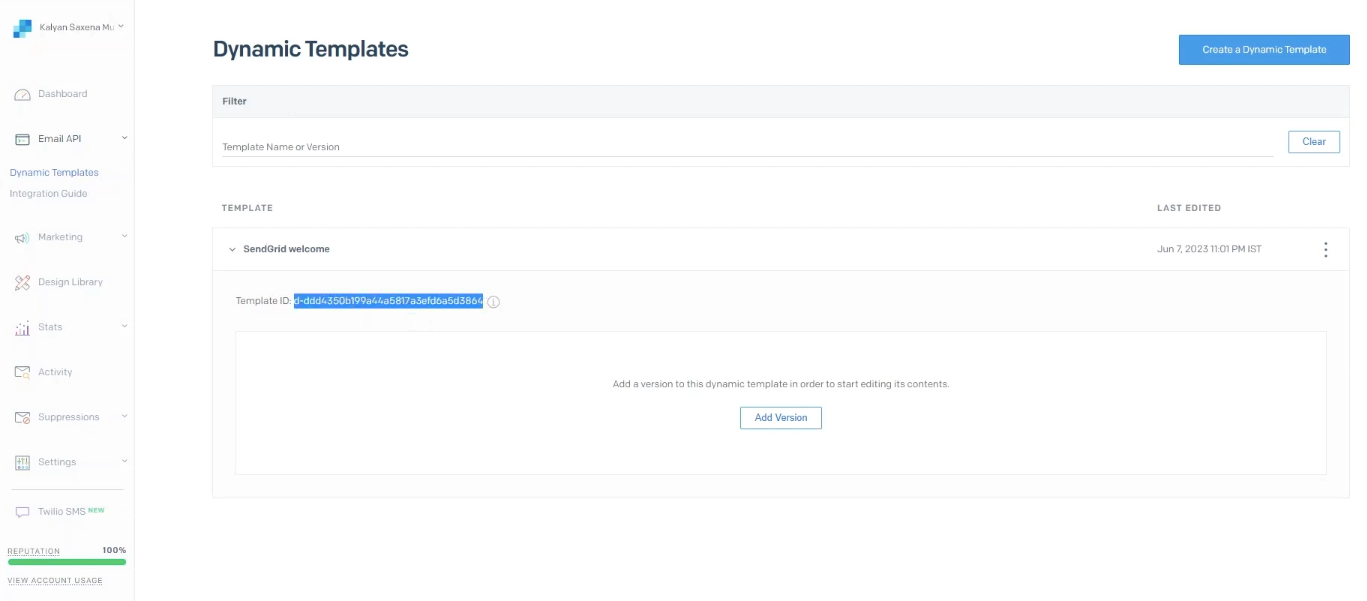 Dynamic Templates view showing template versioning and ID