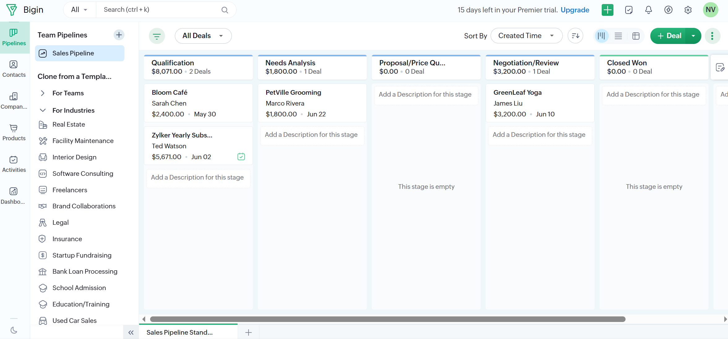 Bigin's Kanban-style sales pipeline with deal stages, amounts, and due dates