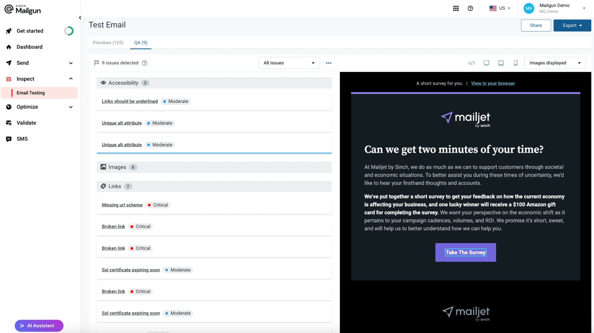 email QA testing view showing accessibility, link, and image checks