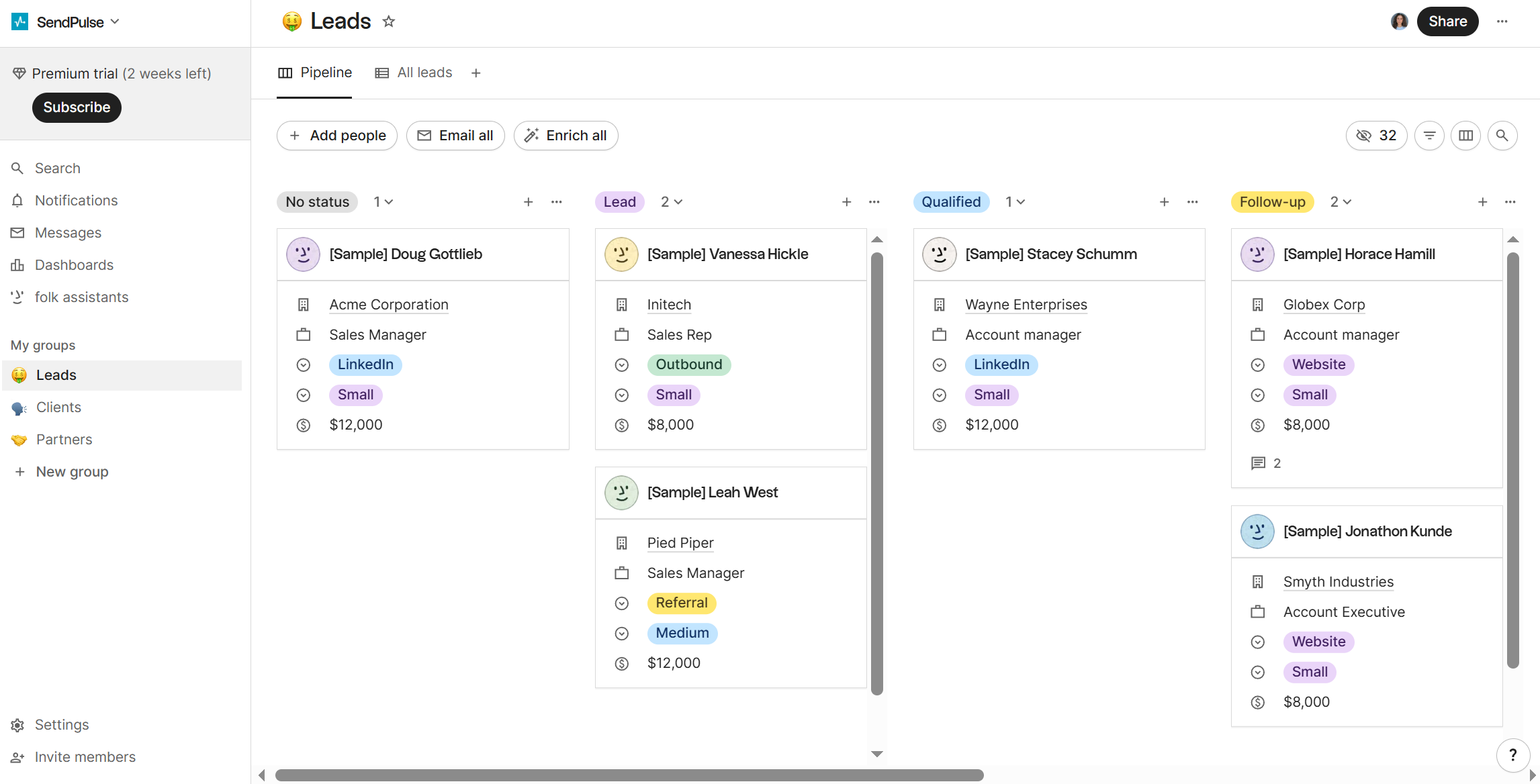 Leads pipeline with sample contacts