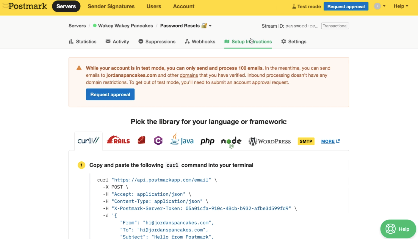 setup instructions showing language/framework options and API integration via curl command