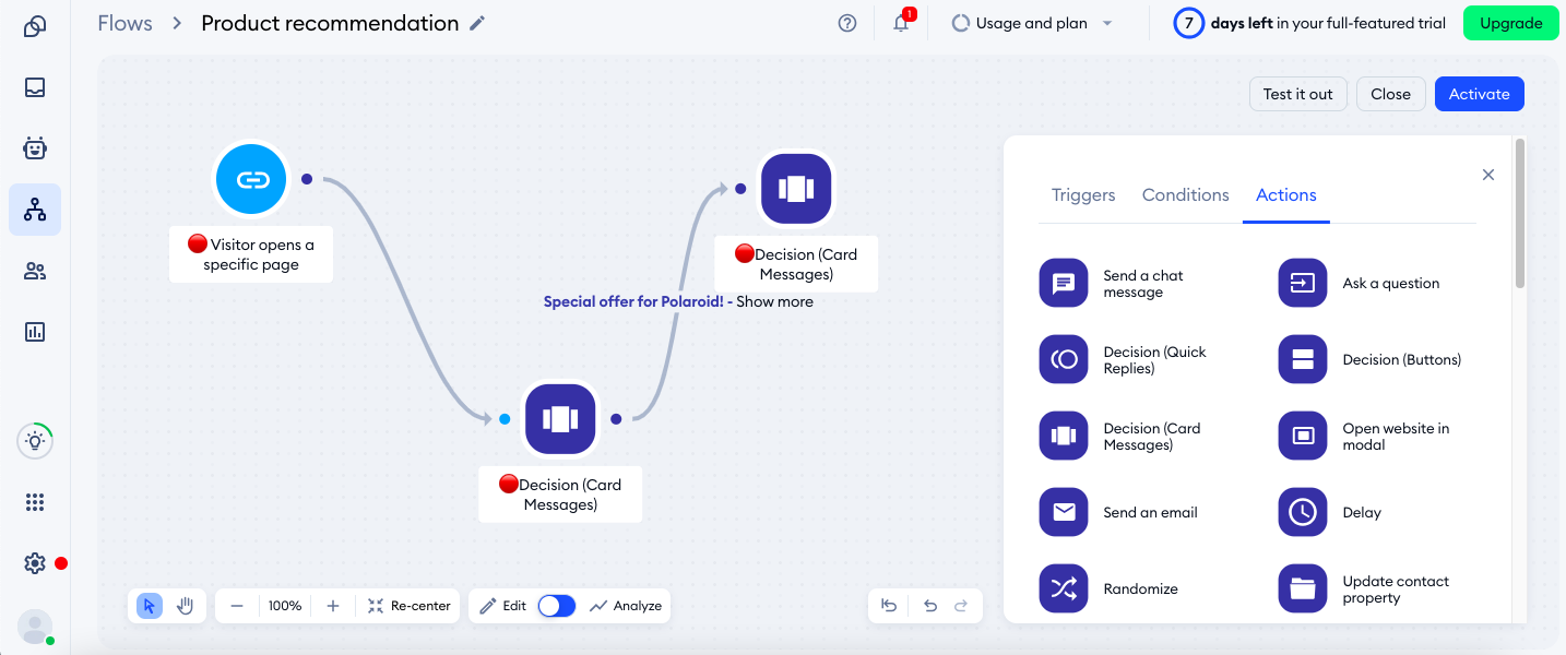 Tidio — the Actions panel on the right shows available elements 