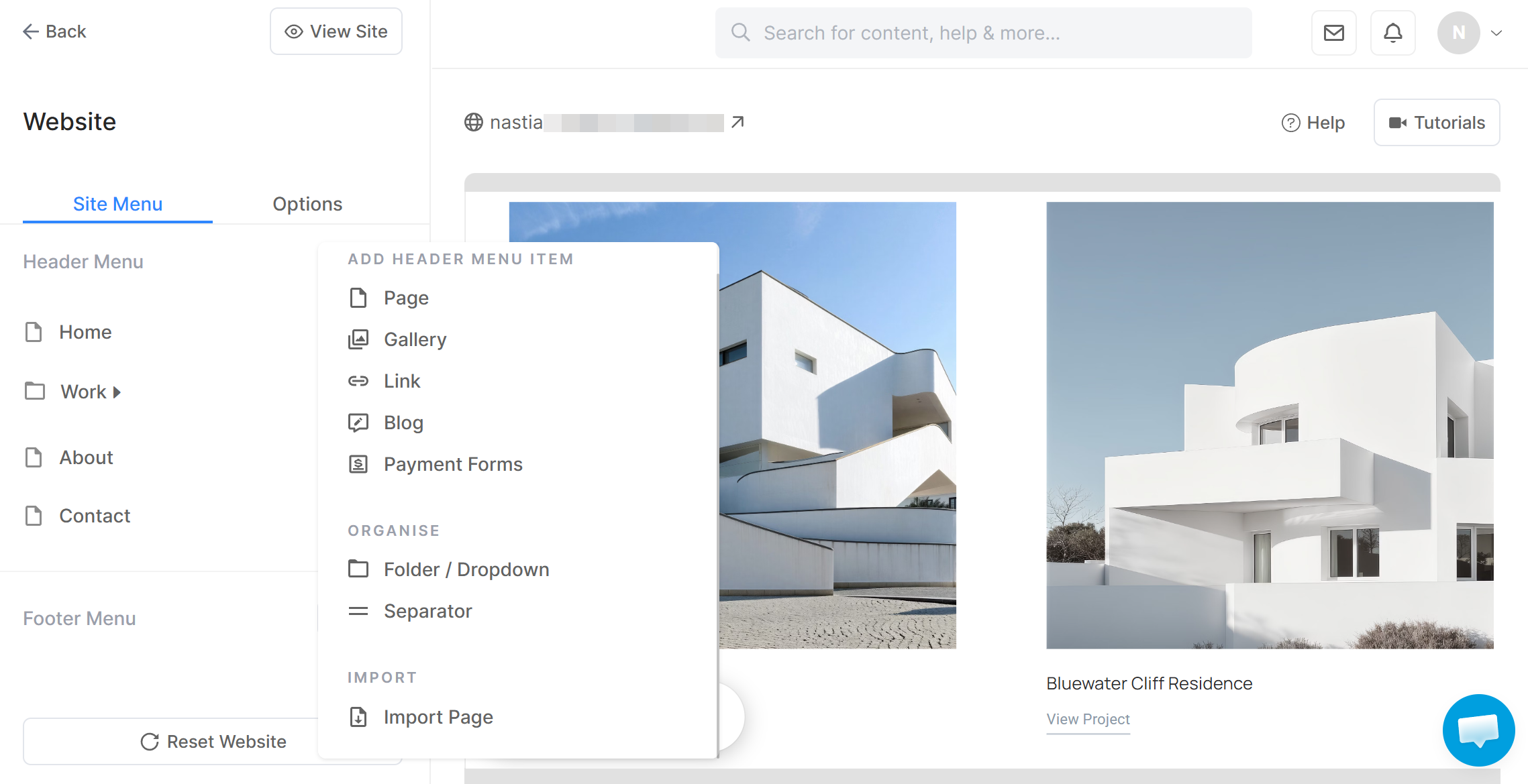 Pixpa's site menu editor with header options