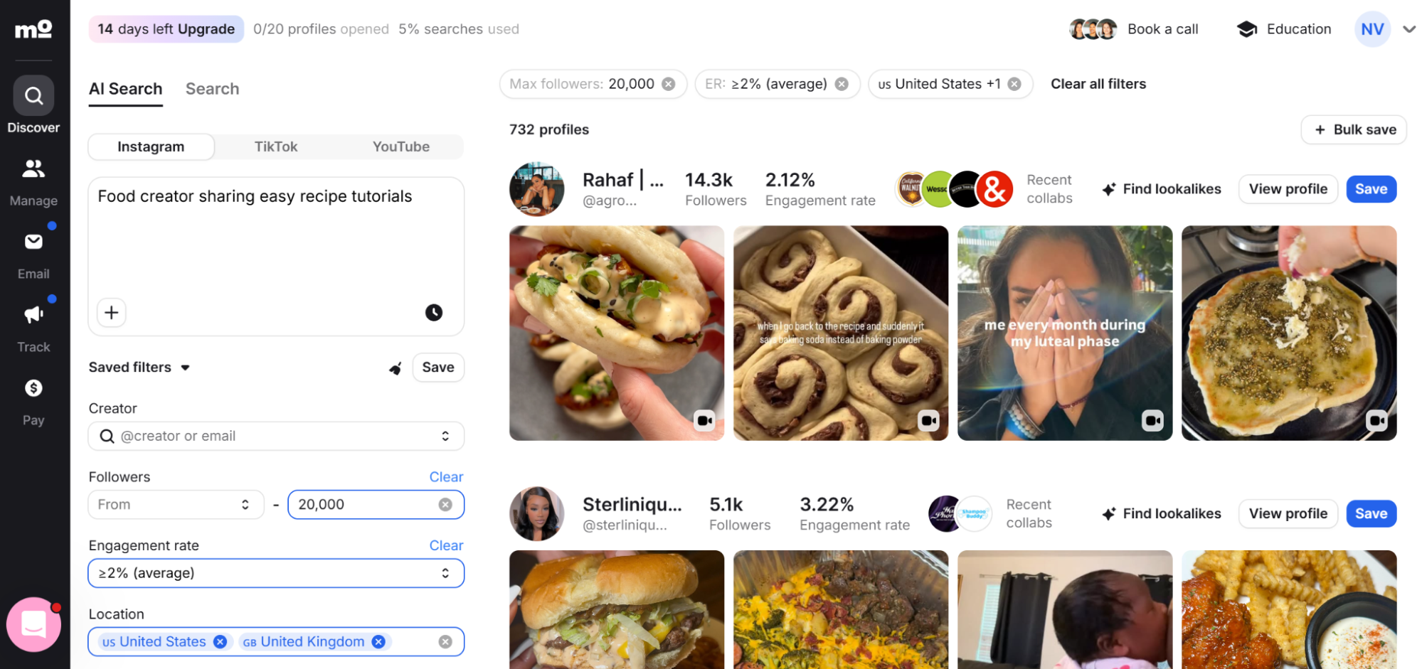 AI search and specific filters at Modash