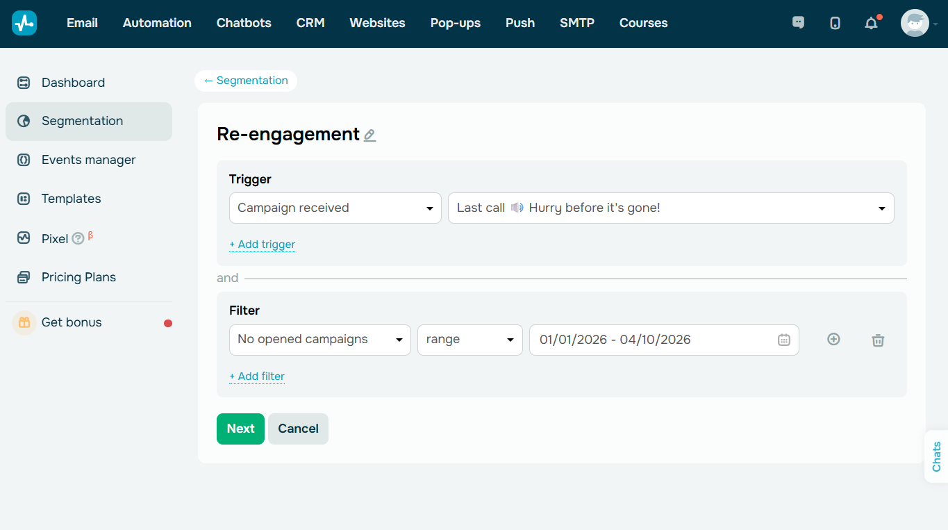 dynamic segment for a re-engagement automation flow