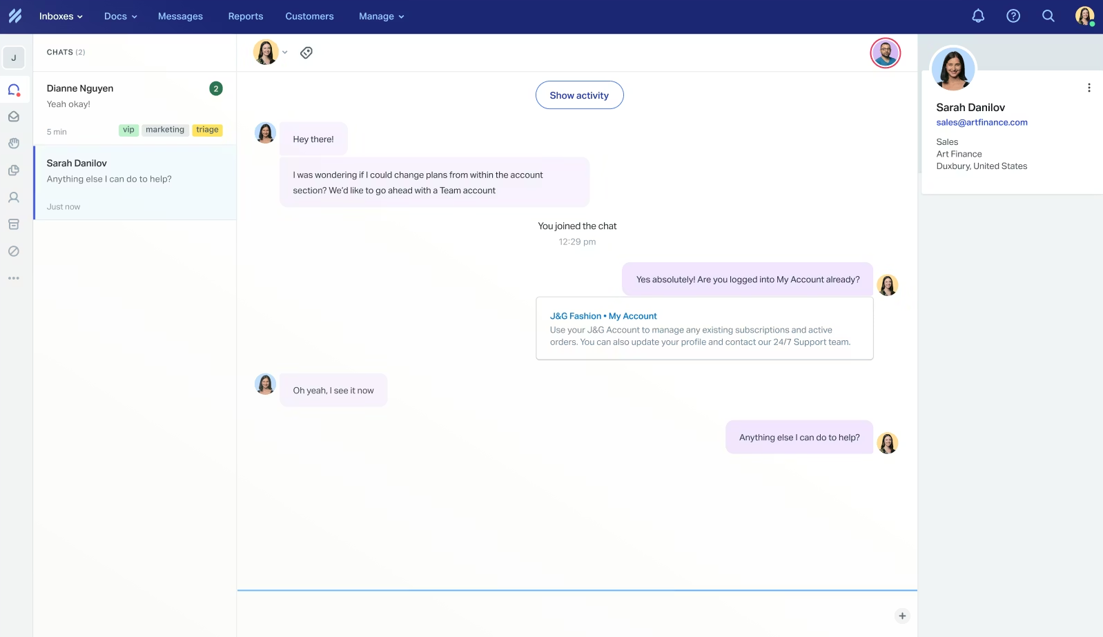 live chat conversation in Help Scout's inbox