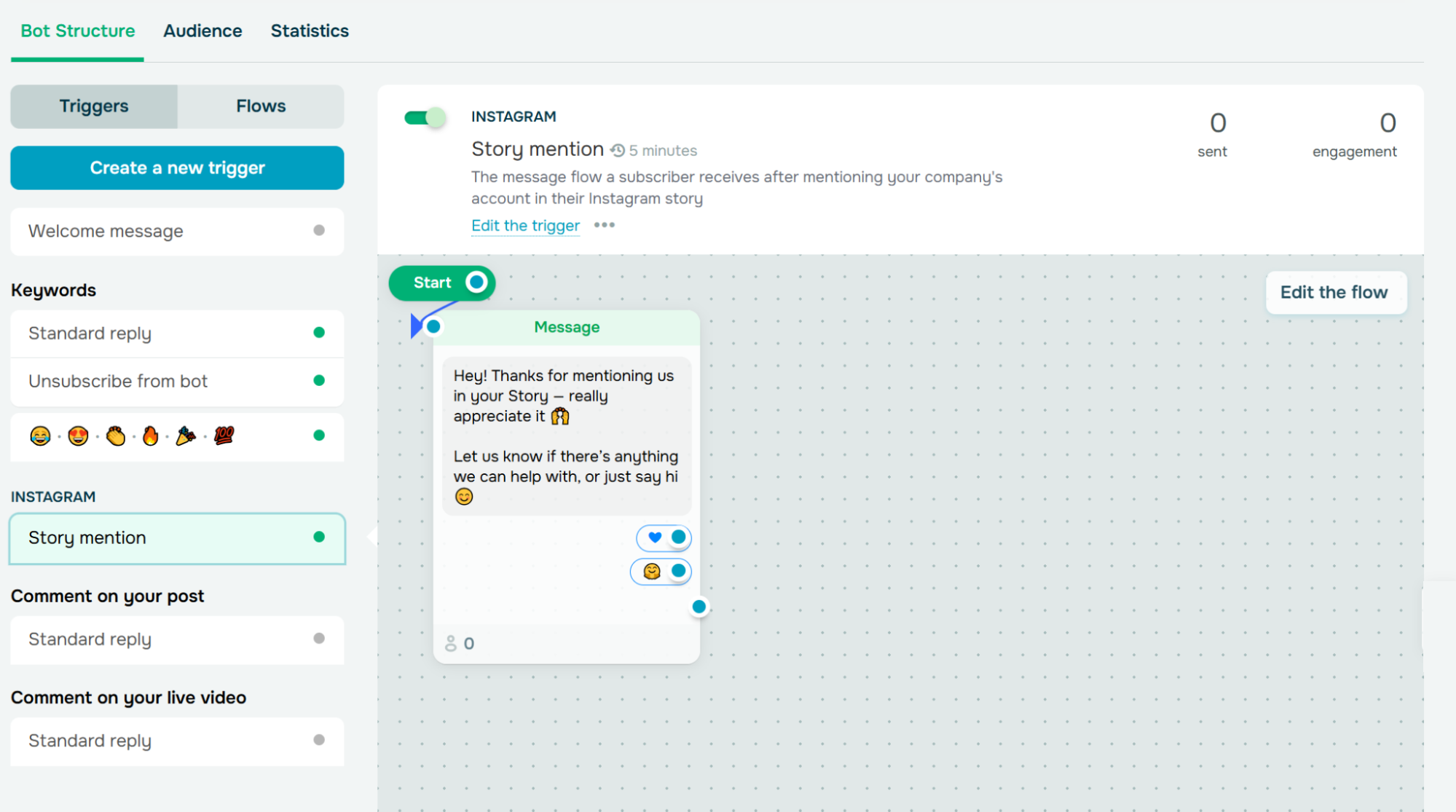 Setting up an Instagram chatbot flow in response to a Story mention