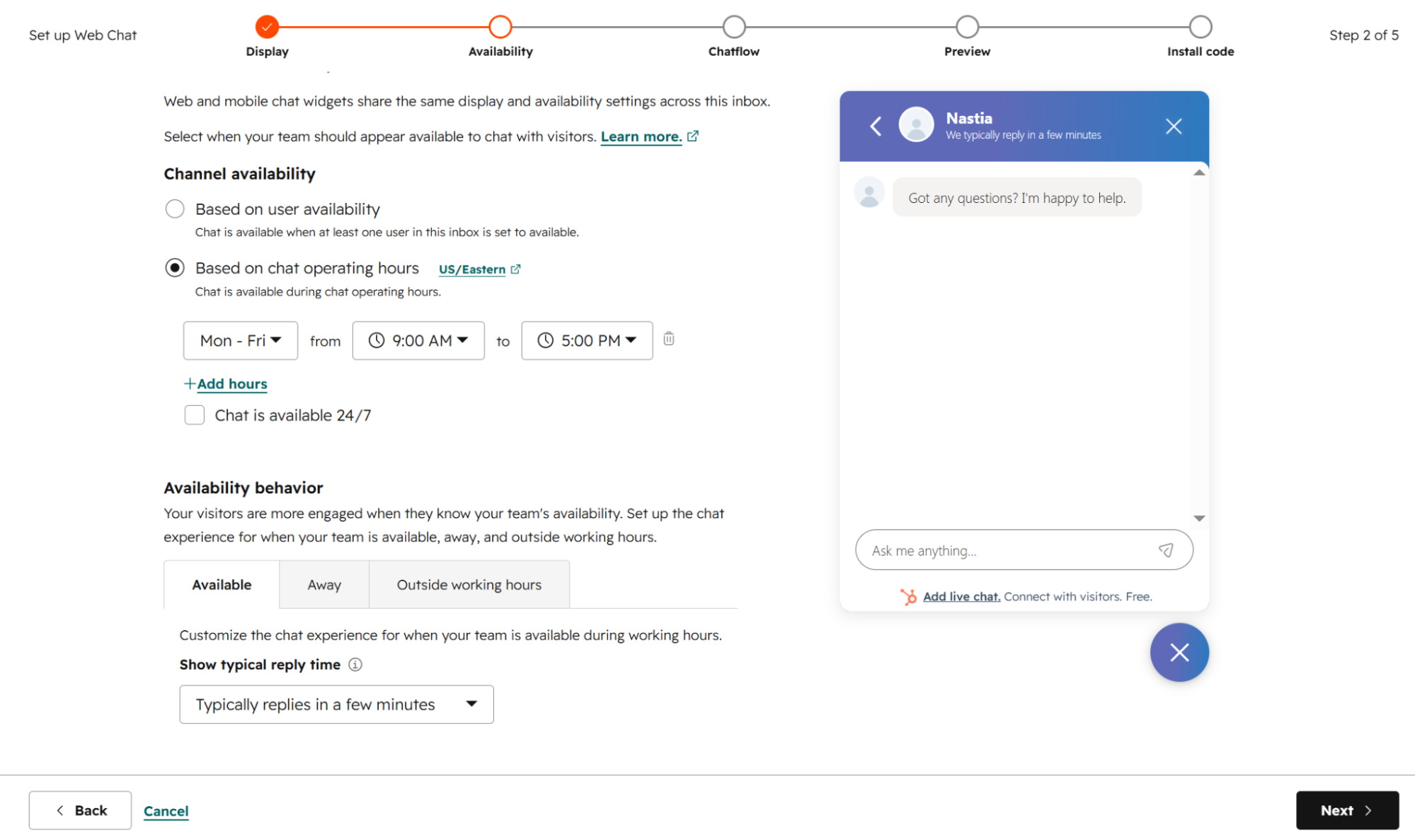 chat availability and operating hours in HubSpot's five-step setup wizard 
