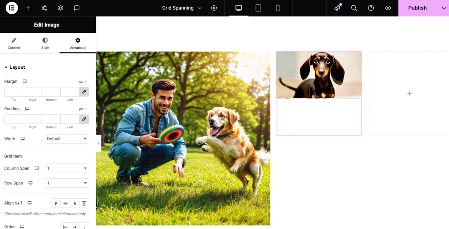 Elementor's drag-and-drop editor with advanced layout settings