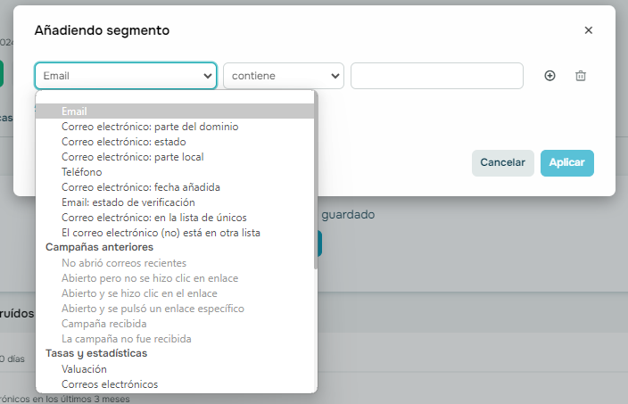 Opción de segmentación con email marketing de SendPulse