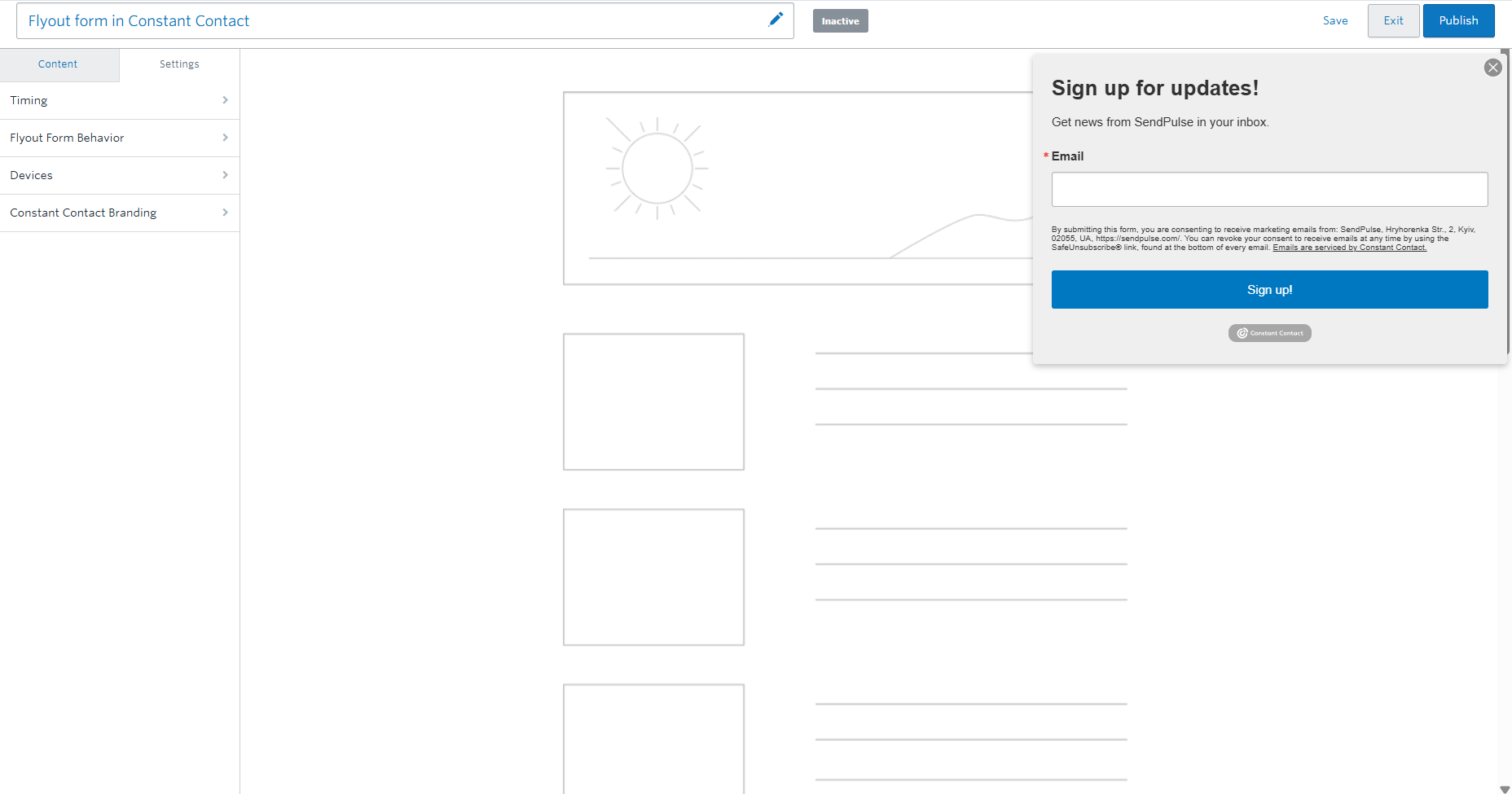Constant Contact's flyout form builder