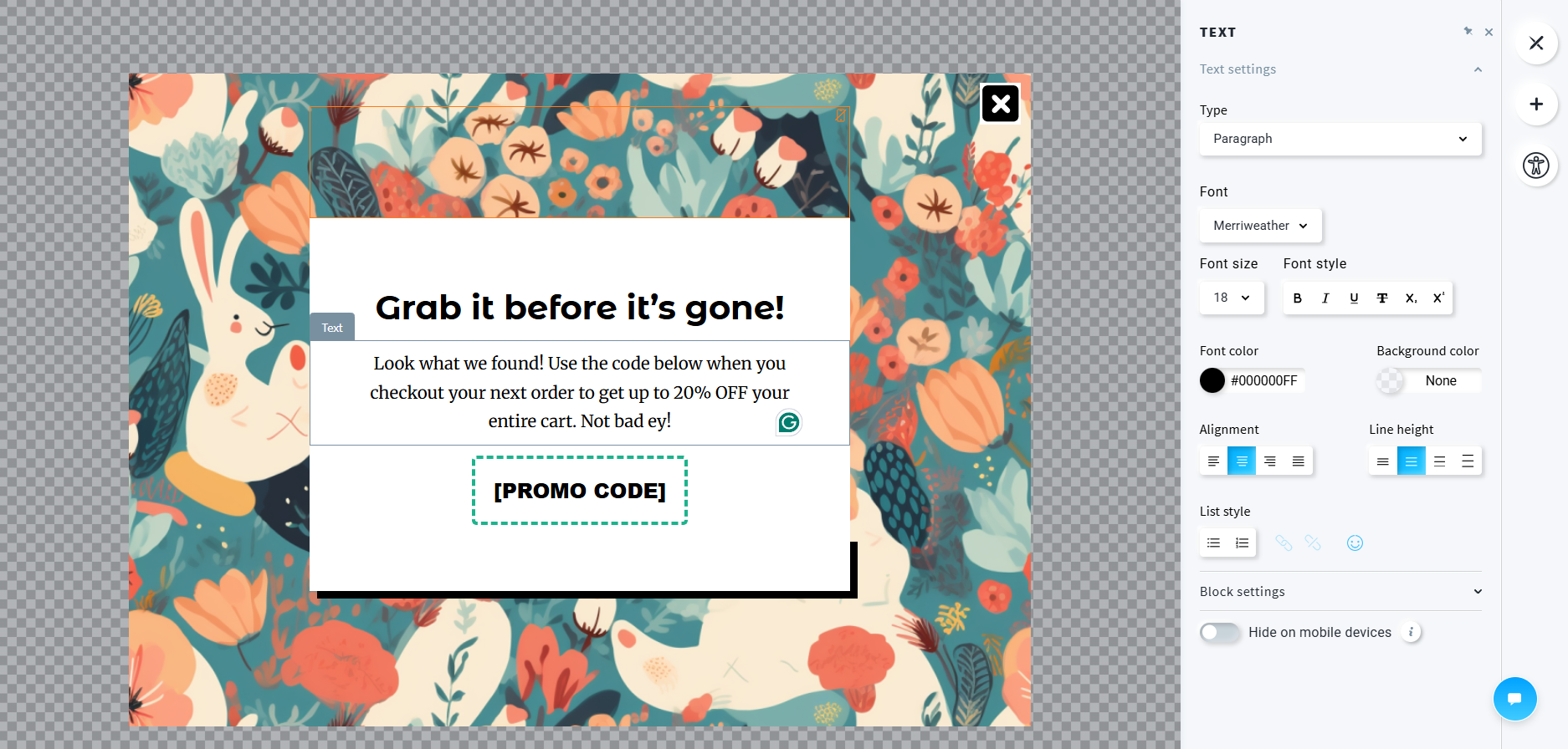 promotional pop-up designed in GetResponse