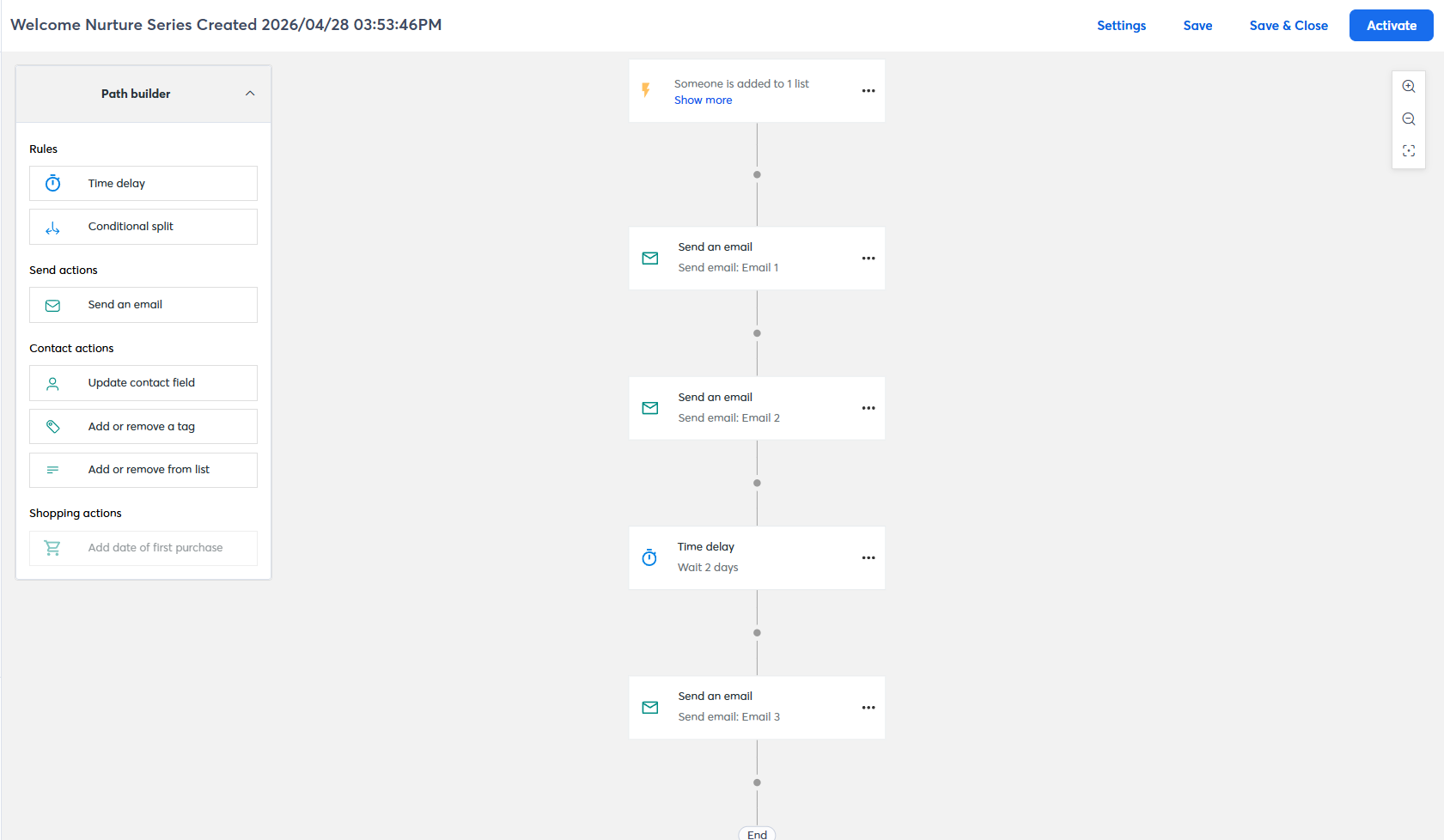 full element toolkit of Constant Contact is visible in the Path builder panel on the left 