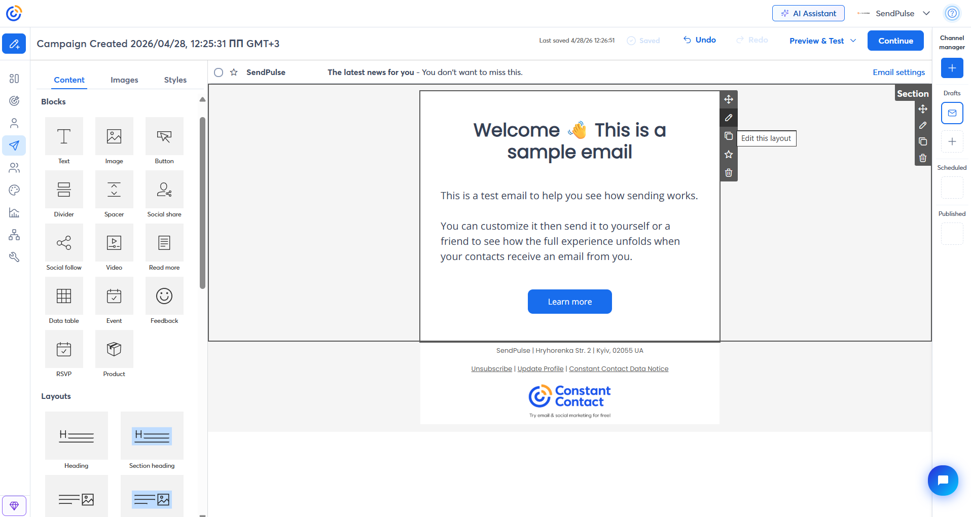 dedicated Event, Feedback, RSVP, and Product blocks below the standard set in Constant Contact's email builder
