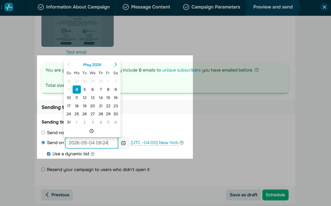settings to schedule email campaign by date, time, and time zone
