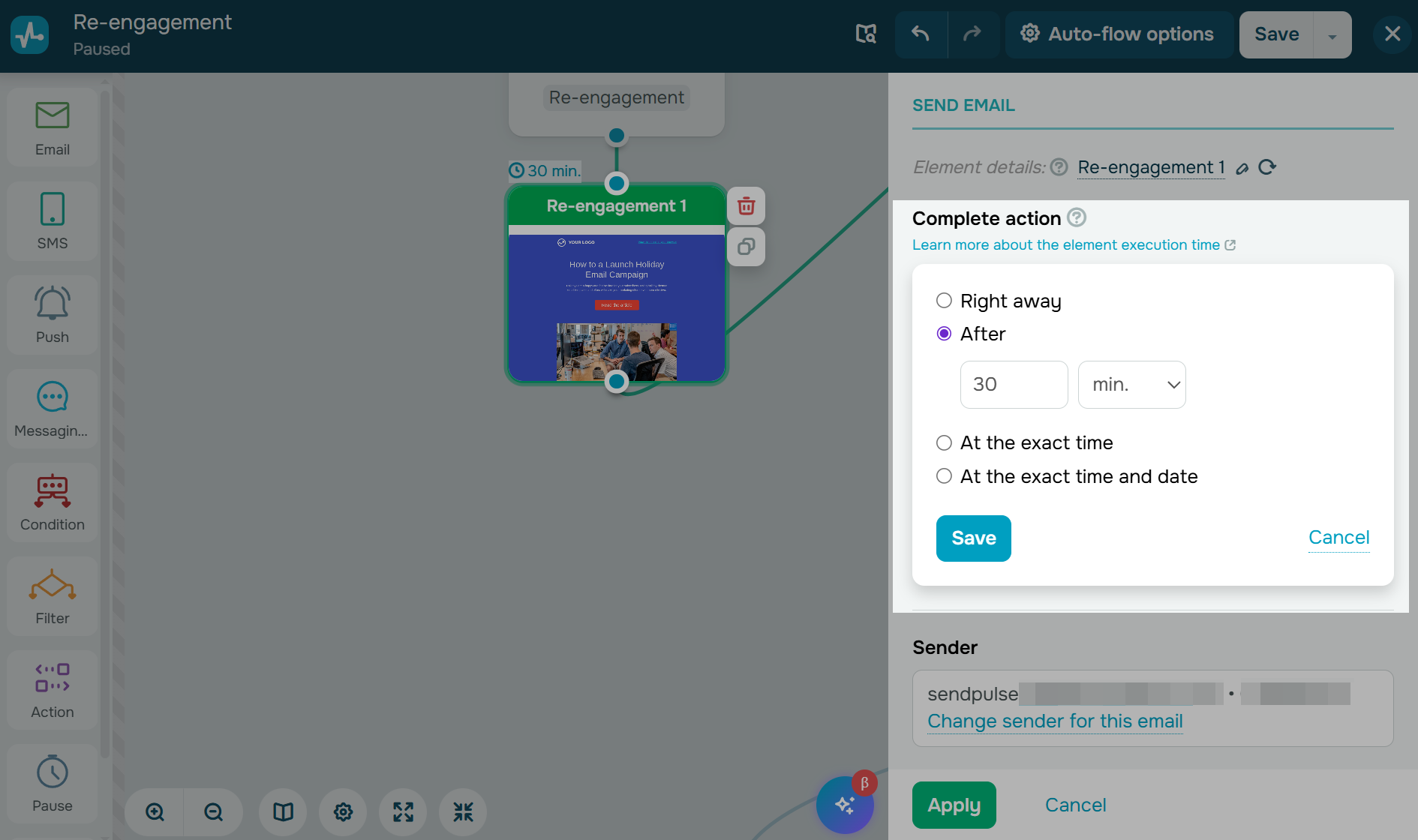 execution timing for an email element in an automation flow