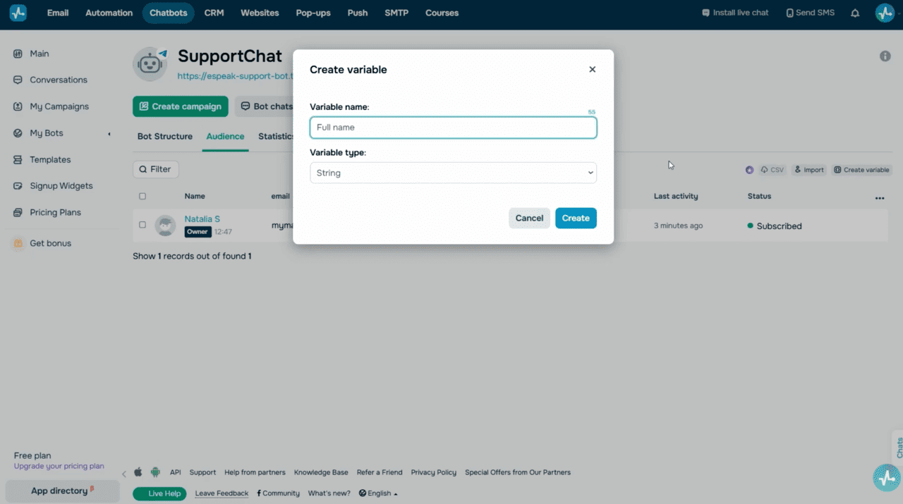 Chatbot Audience tab with a list of system variables and the Add variable button