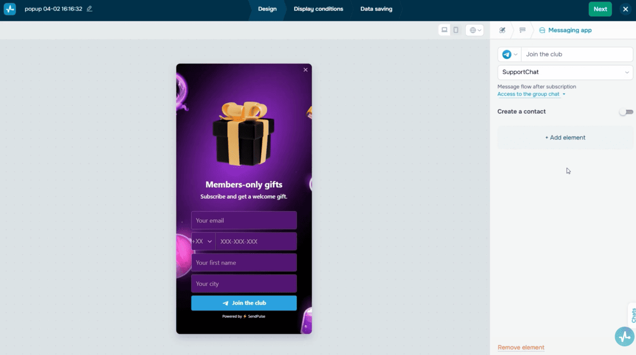  Pop-up editor with the Messaging app element added