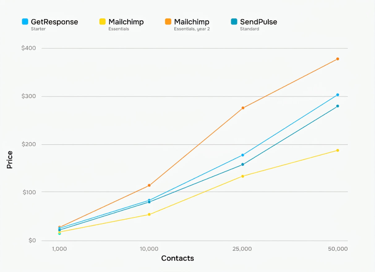 GetResponse vs Mailchimp vs SendPulse mid-tier plan pricing