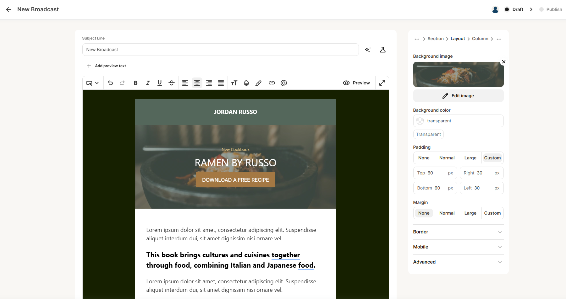 right panel in kit editor features per-column padding, background image, and border controls for layout tuning