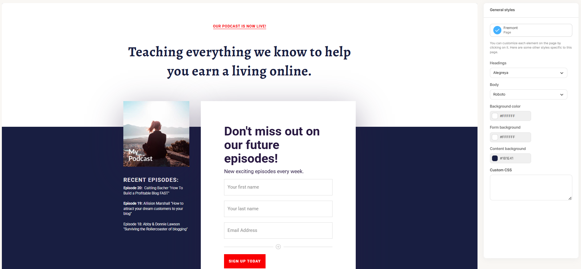 General styles panel lets you control fonts, colors, and custom CSS at the page level