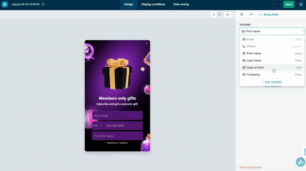 Pop-up field editor with the system variable dropdown
