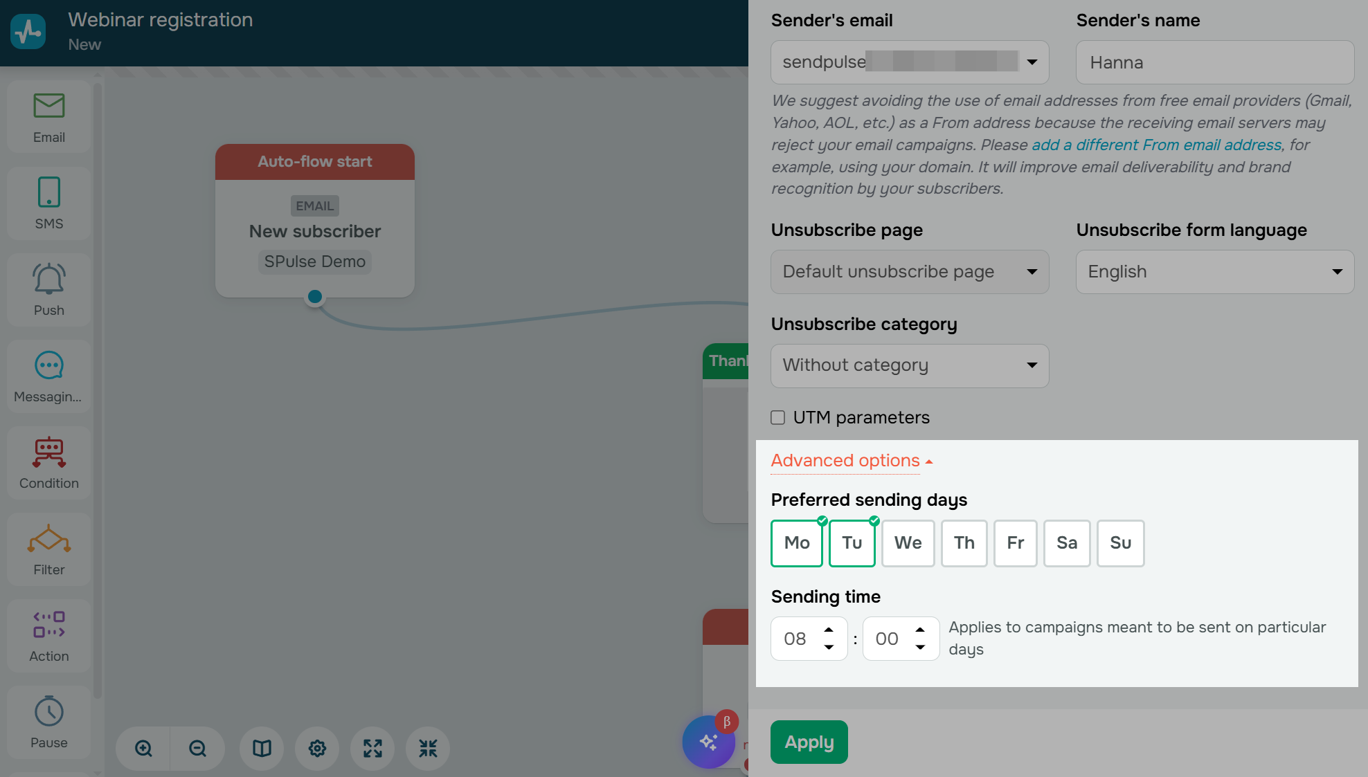 setting sending time in an automation flow 