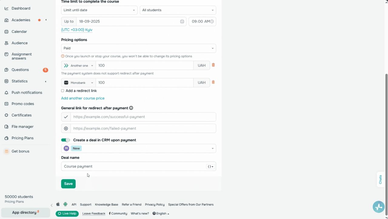 The Access and pricing tab