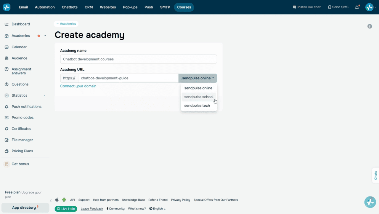 Courses section — Create academy button, academy type selection, name and domain fields 