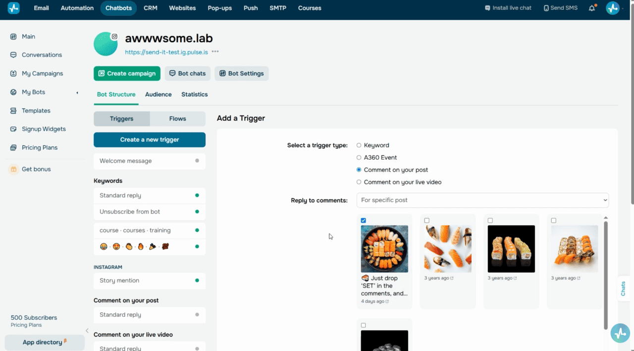 Comment on your post trigger settings — post selection (all/specific), keyword filter, public reply variants, throttle interval, and auto-generated flow