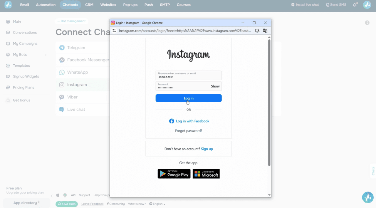 Chatbots section > Bot management > Add bot > Continue via Instagram pop-up window with login fields and permission prompts
