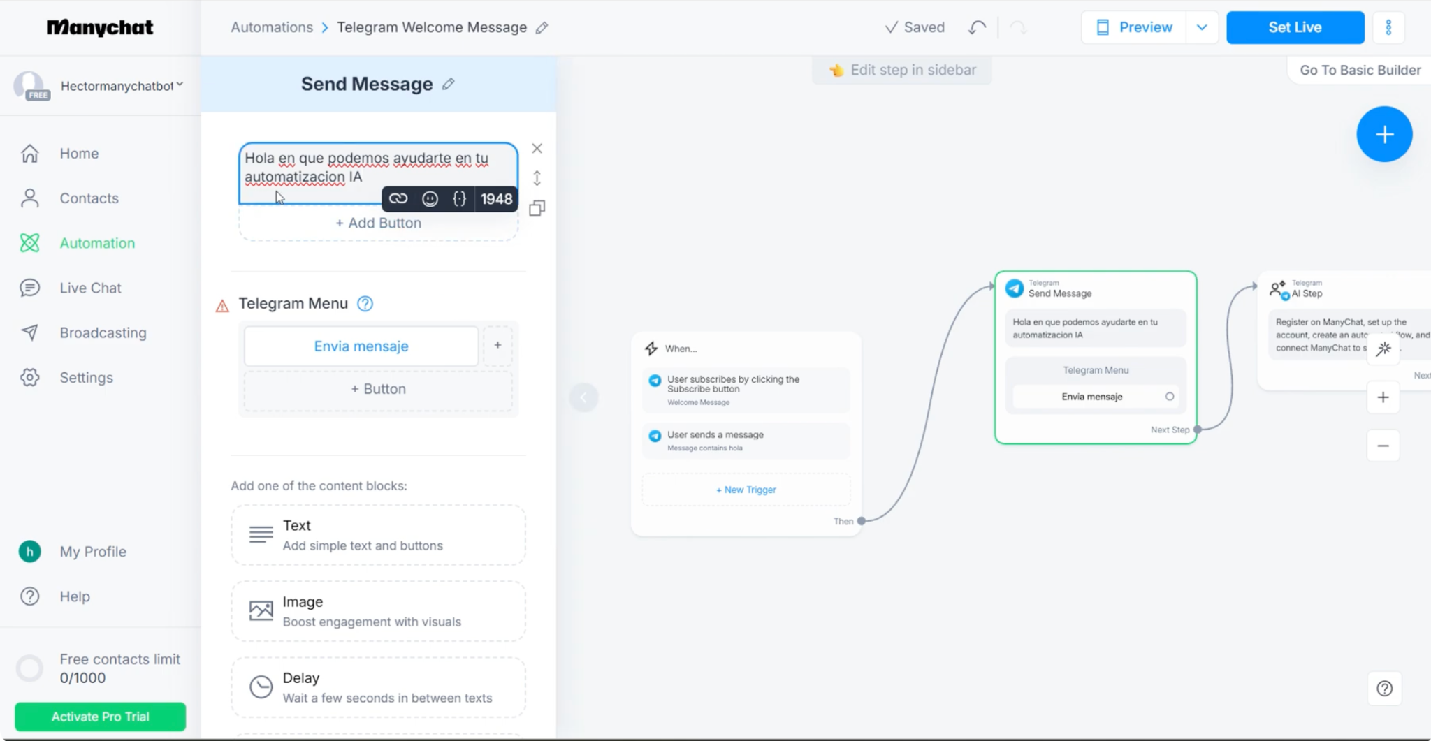 Captura de pantalla de la creación de un chatbot para Telegram en Manychat