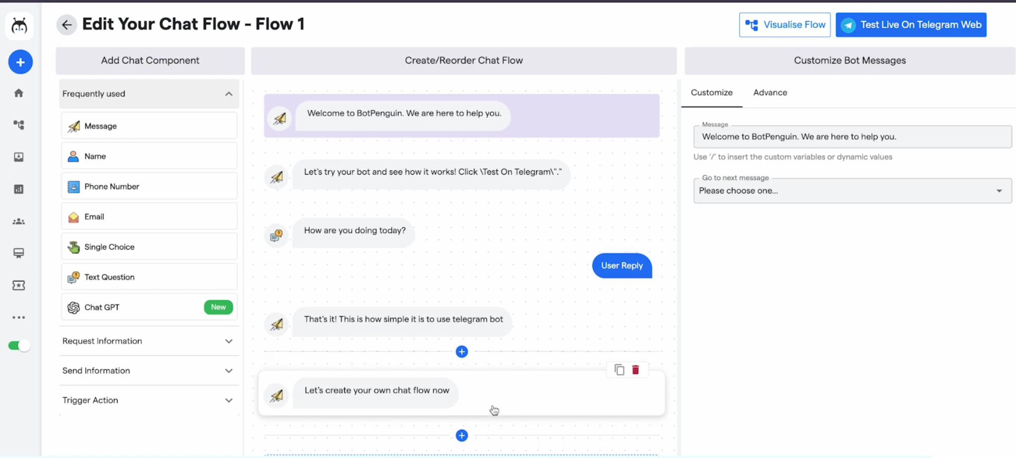 Edición de un flujo de chatbot en BotPenguin