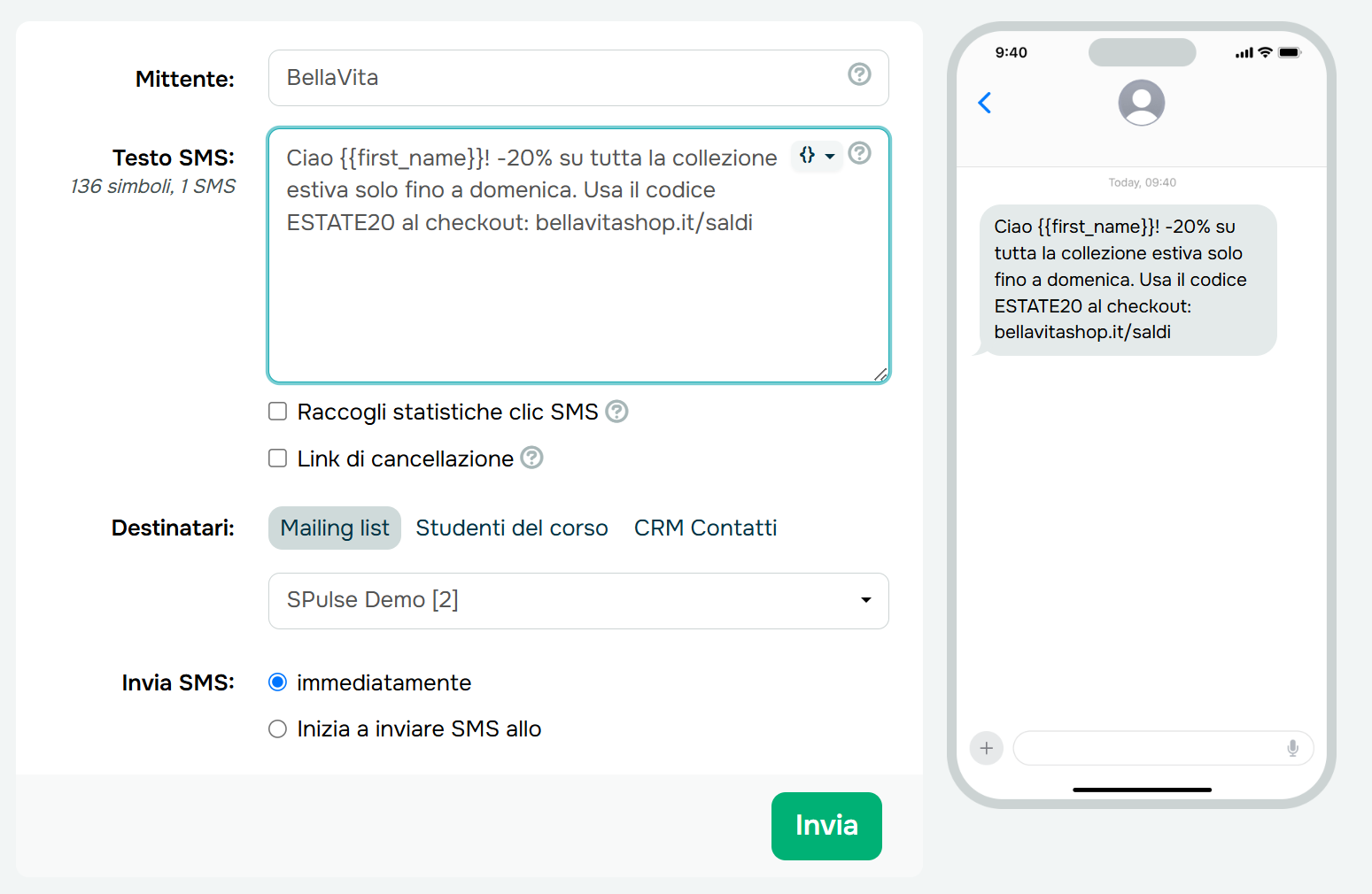 campagna SMS in SendPulse con personalizzazione del messaggio 