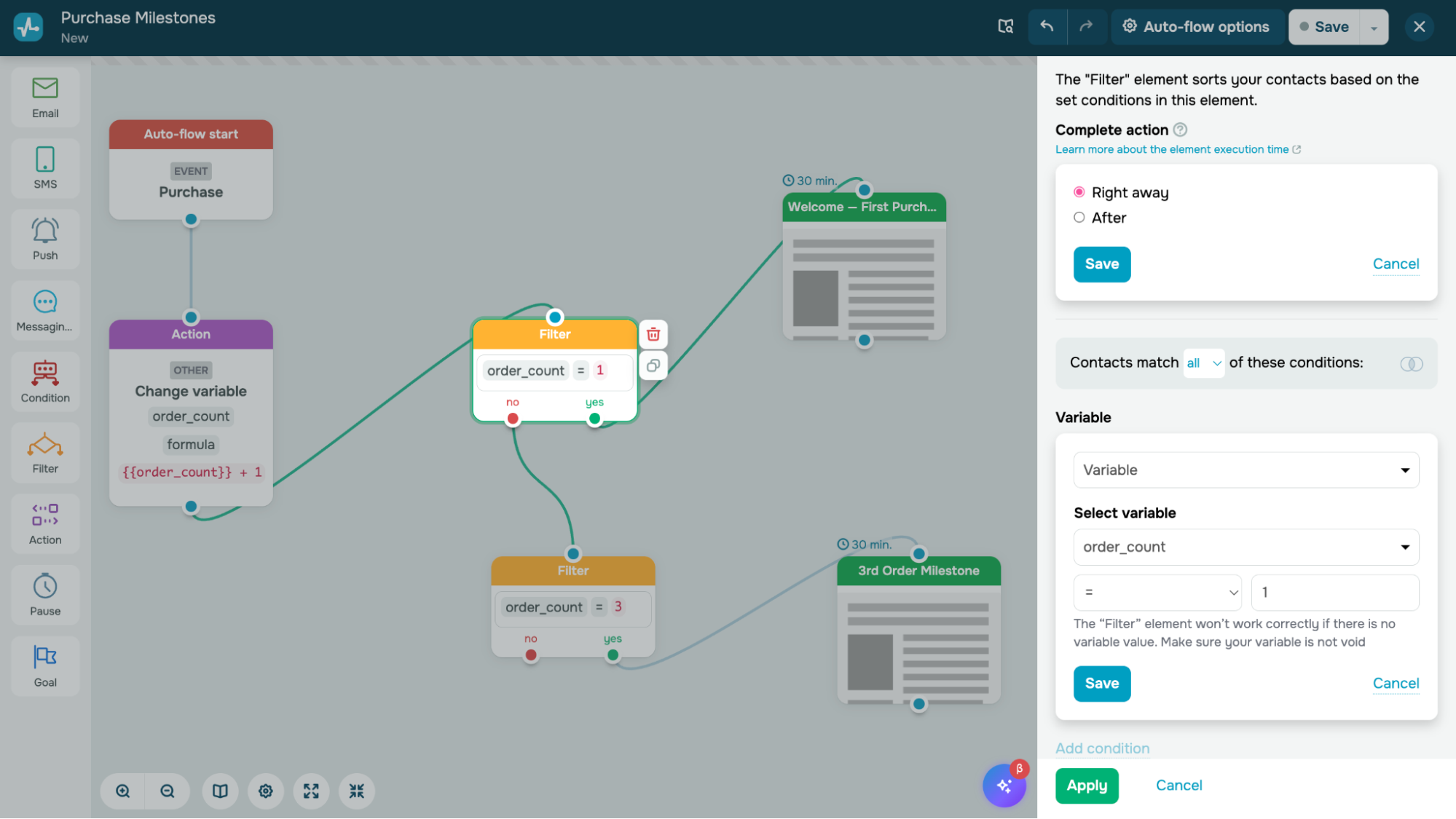 “Filter” element for a purchase milestone flow 