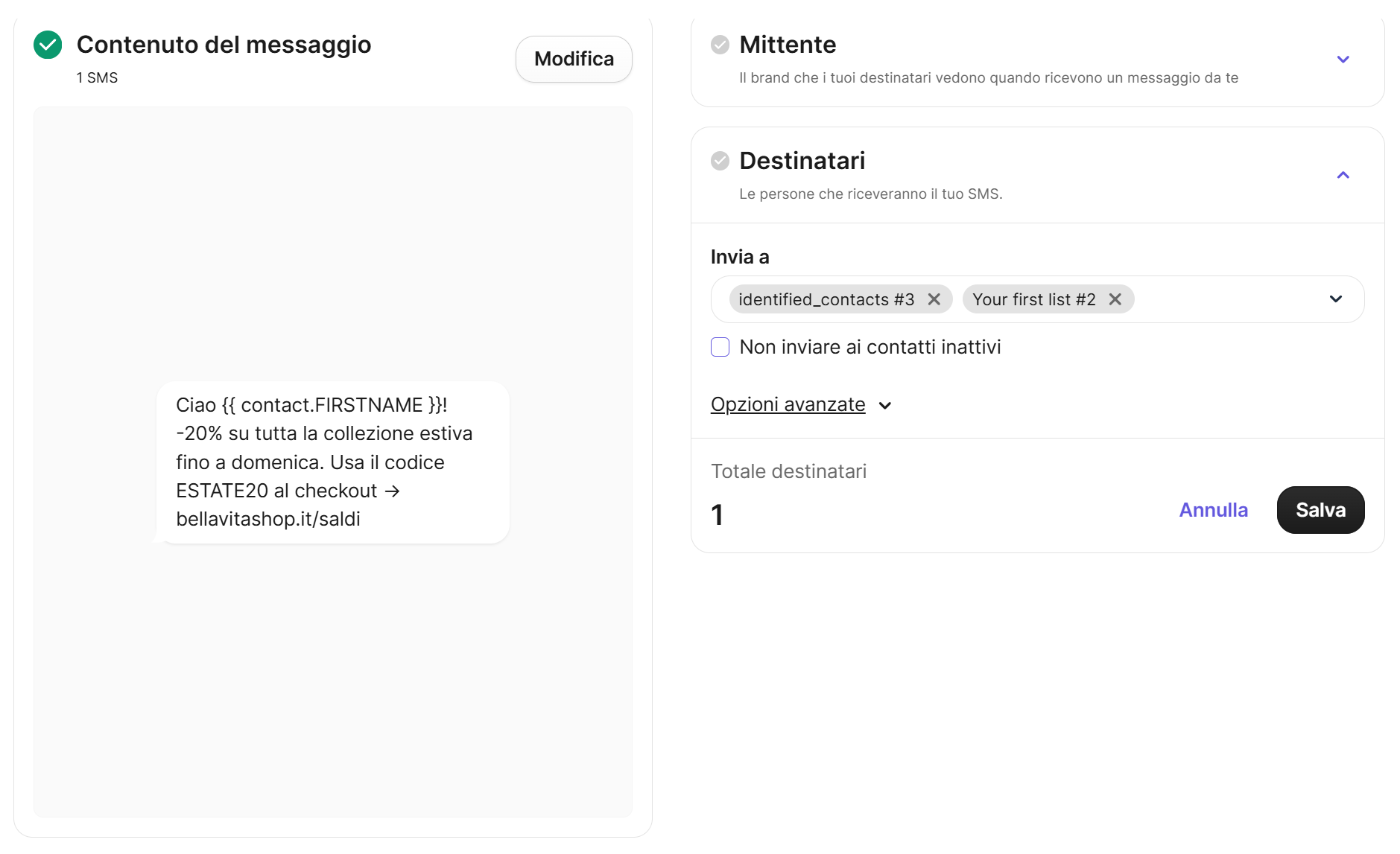 campagna SMS in Brevo con anteprima del messaggio personalizzato 