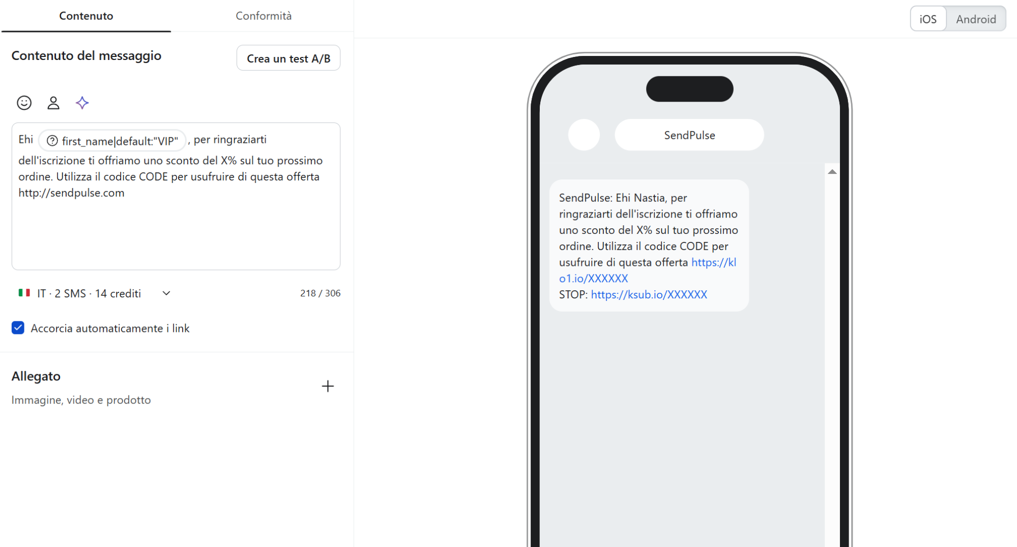 Editor SMS di Klaviyo