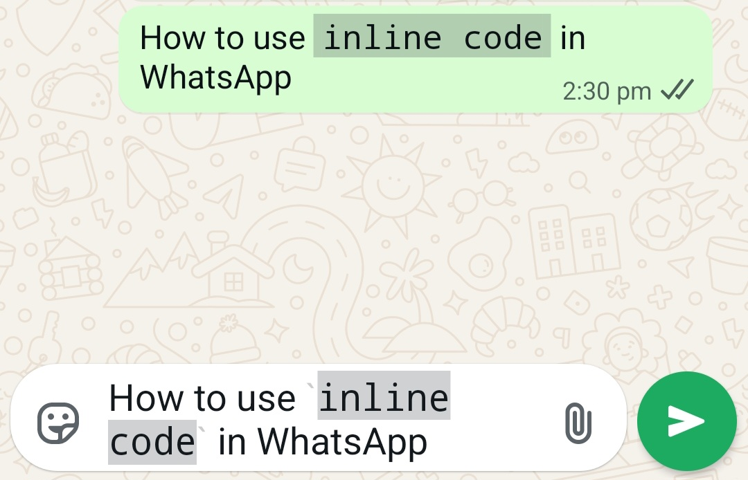 Inline code formatting in WhatsApp