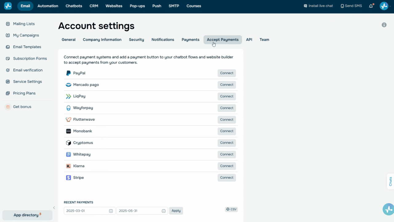 Account settings — Accept payments tab with connected merchants