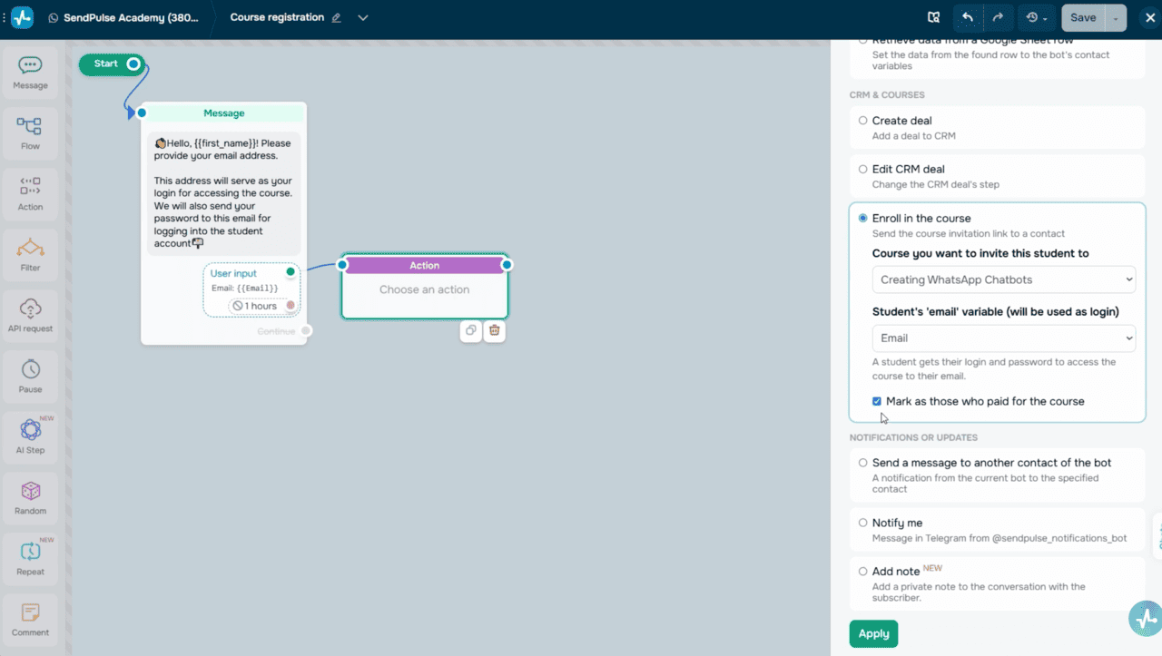 Action element — Enroll in another course option
