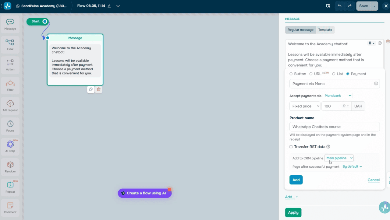 Chatbot flow builder — Message element with Payment button