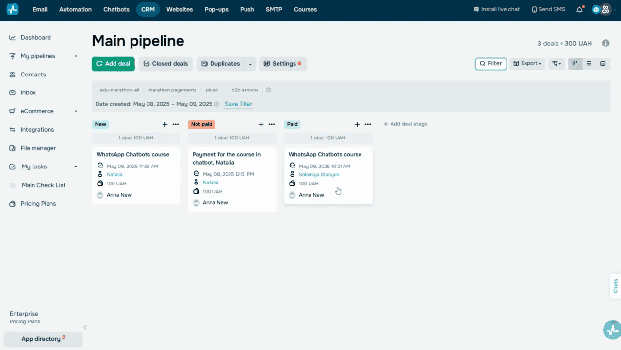CRM pipeline settings for course deals