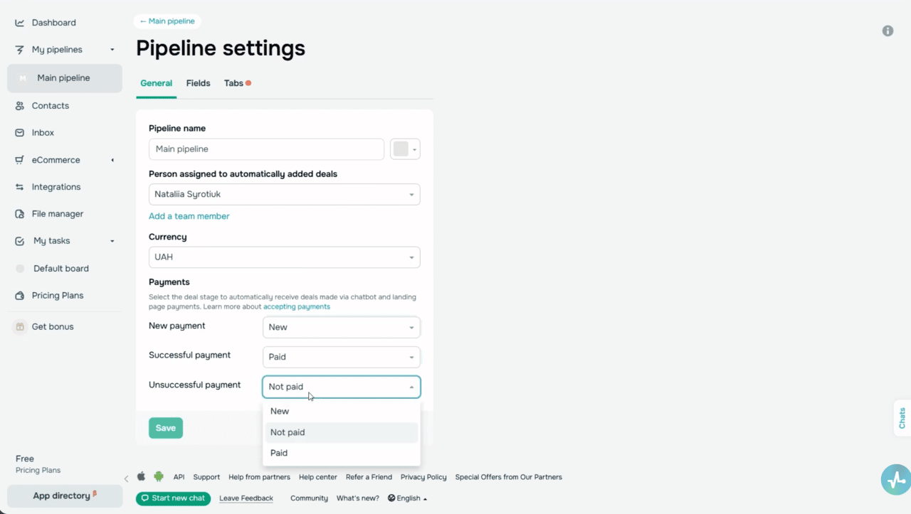 CRM settings 
